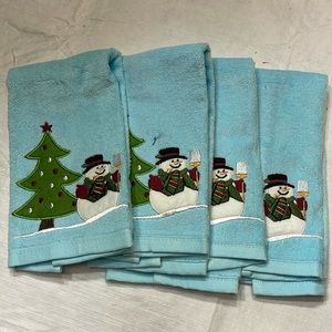 Vintage Snowman Christmas Tree Bath Hand Towels and Kitchen Towels Set of 4
